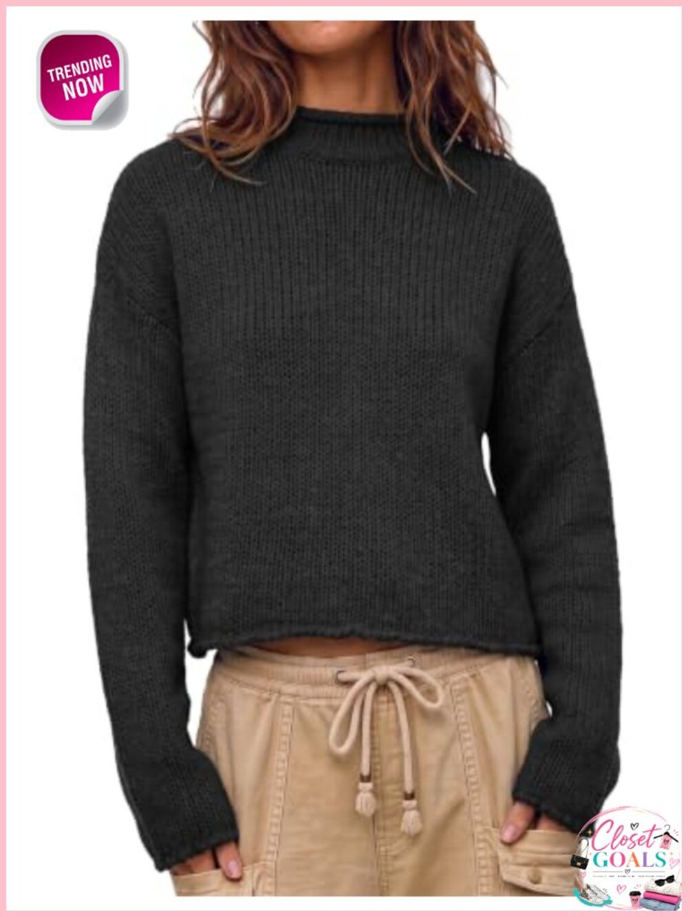 Striped Chunky Knit Mock Neck Cropped Sweater Pullover